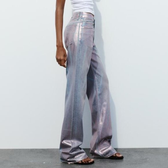 NWT PINK MID WAIST FULL LENGTH TRF FOIL JEANS - Picture 4 of 15